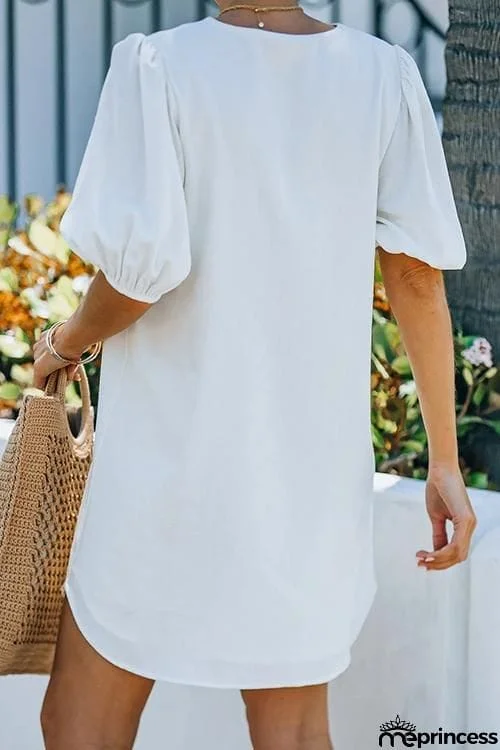 Solid Lace Up V Neck Puff Sleeve Mini Dress