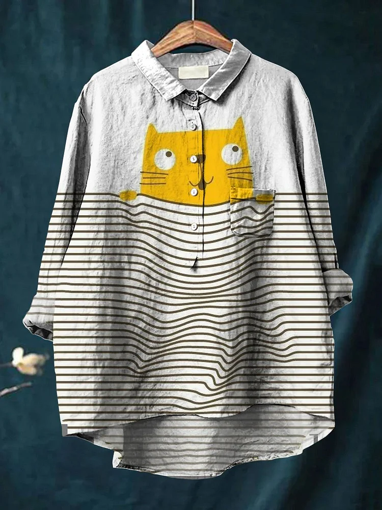 Women's  Cat Print Casual Cotton And Linen Shirt