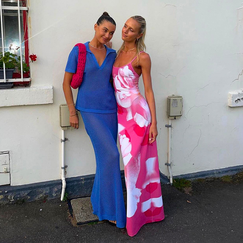 Ootddress Contrast Spaghetti Slim Maxi Dress Female Printed Off-Shoulder Fashion Holiday Beach Dress Patchwork Summer Party Dress