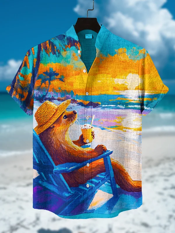 Men's Otter Basking In The Sun On The Beach Print Casual Shirt