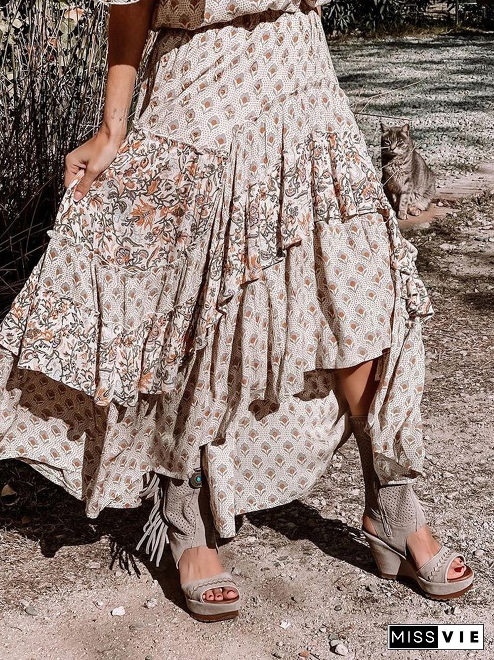 Off-the-shoulder Ruffle Smocked Print Maxi Dress P13702