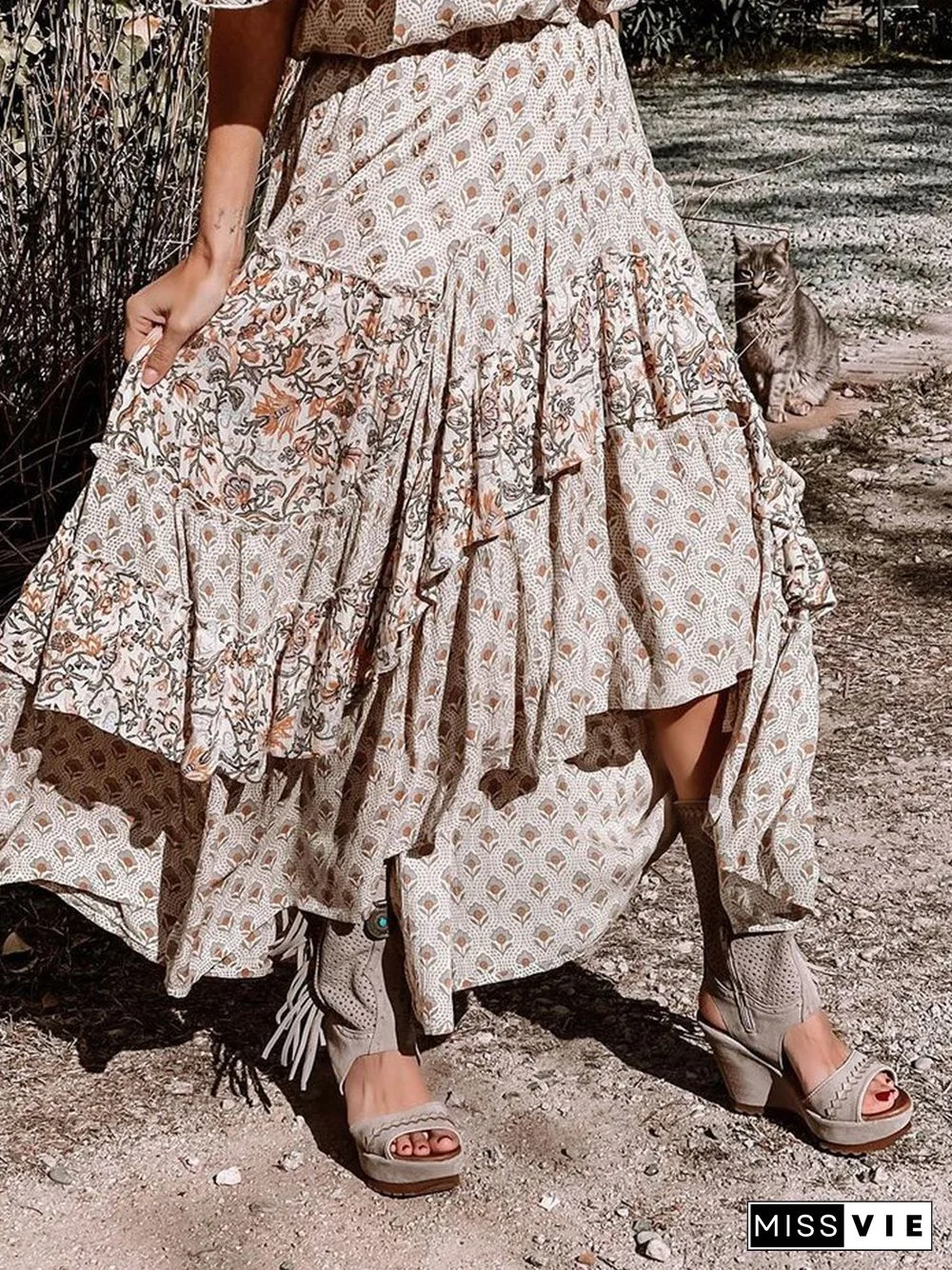 Off-the-shoulder Ruffle Smocked Print Maxi Dress P13702