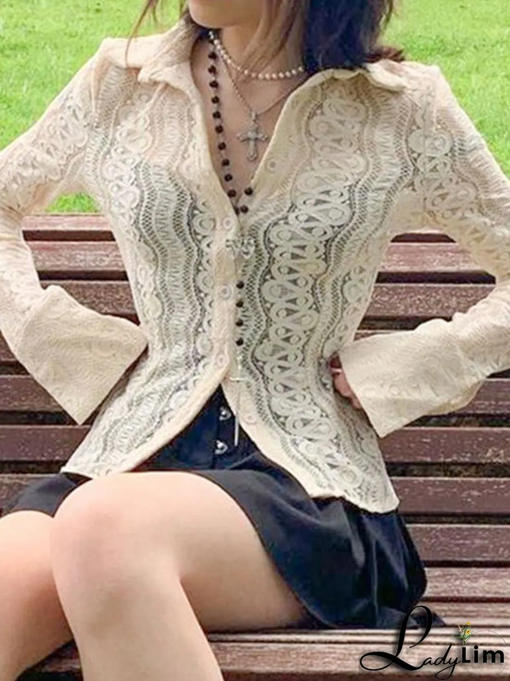 Lace Long Sleeve Button Blouse