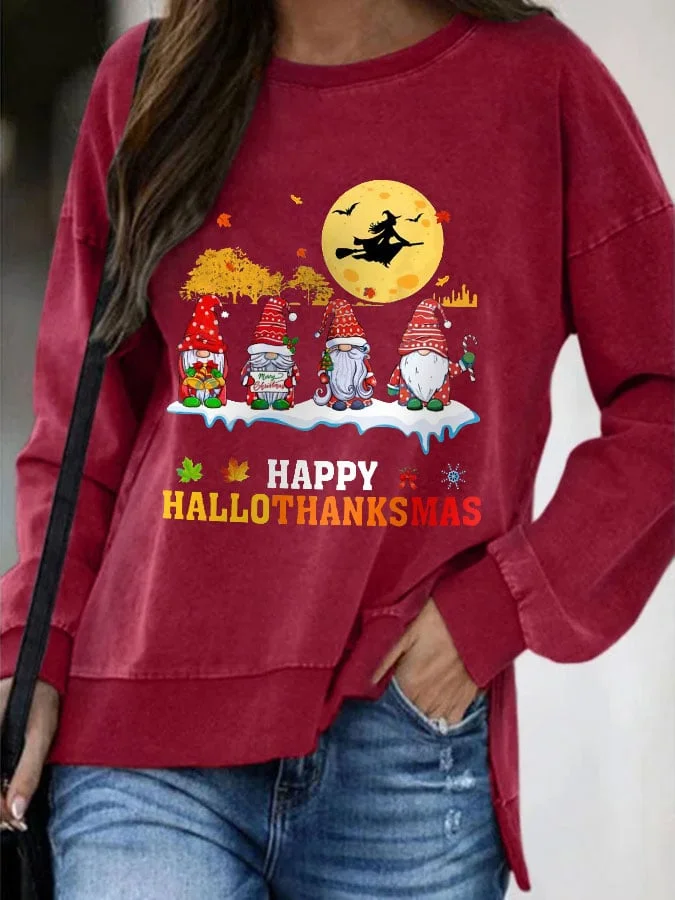 Women's Happy Hallothanksmas Print Crew Neck Casual Sweatshirt