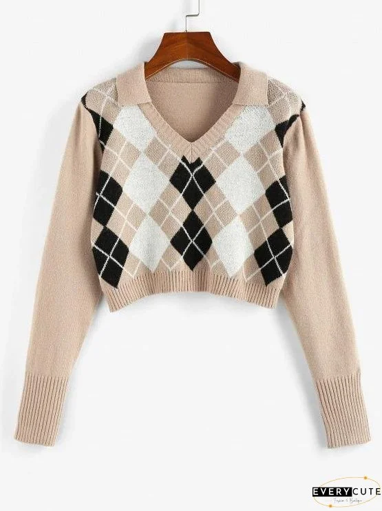 Argyle V Notch Crop Sweater