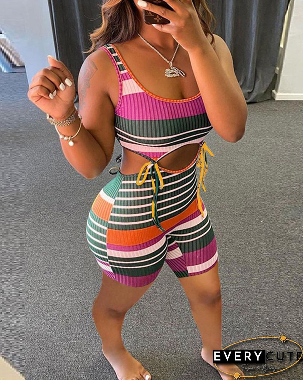 Rib-knit Pit Colorful Stripe Spaghetti Strap Jumpsuit