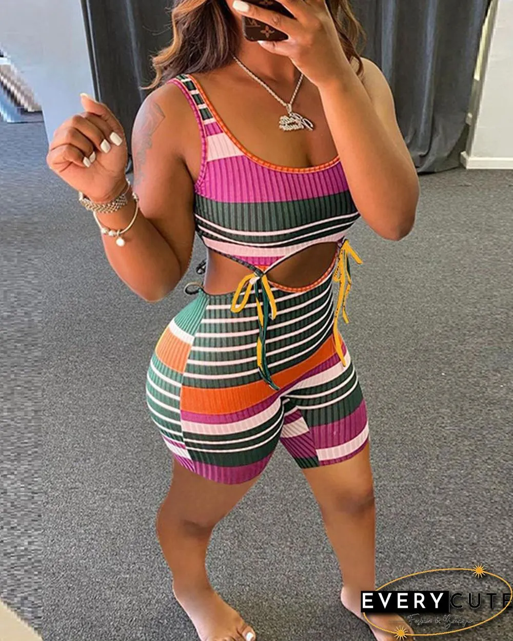 Rib-knit Pit Colorful Stripe Spaghetti Strap Jumpsuit