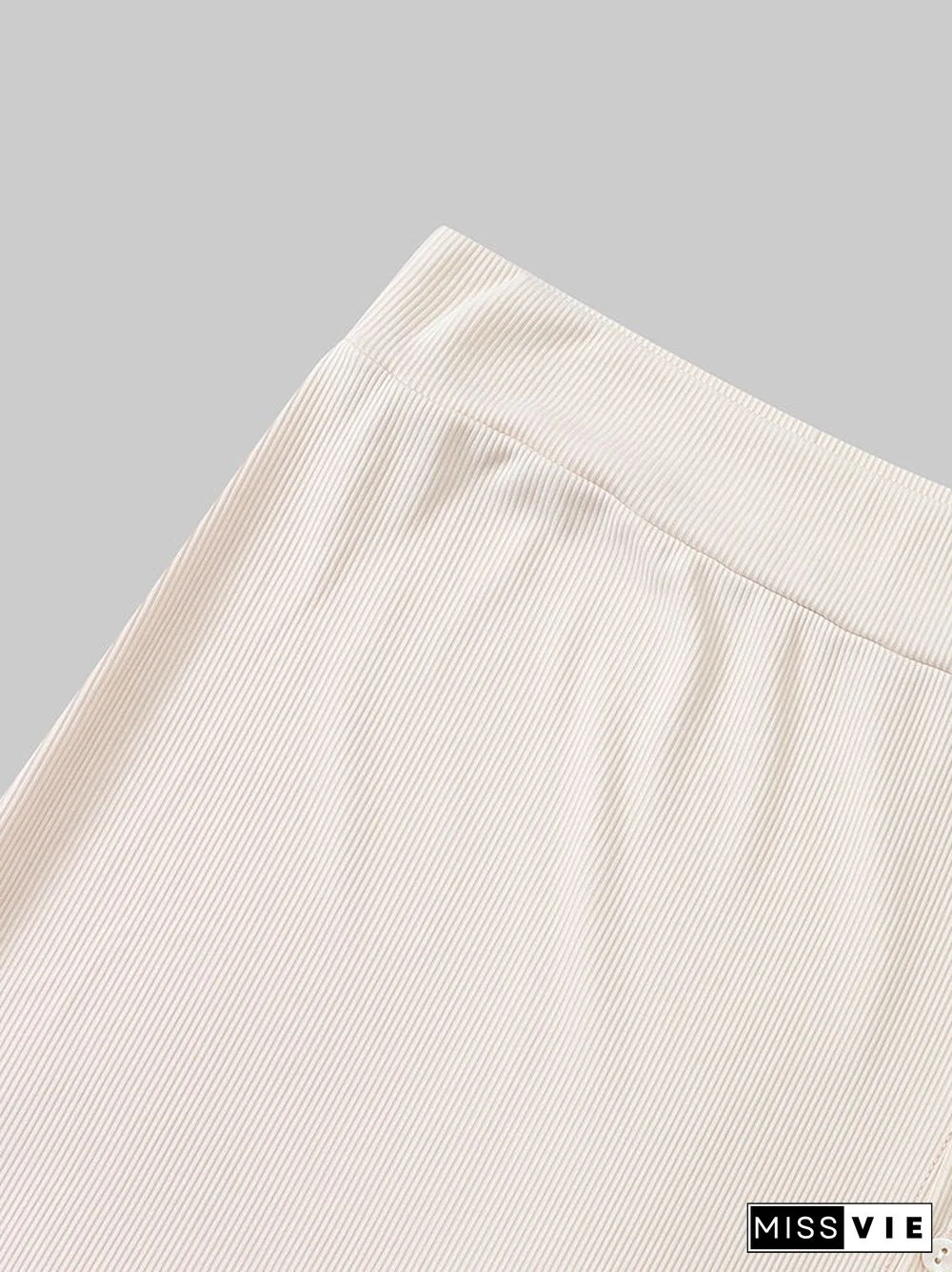 Solid Button Slit Ribbed Knit Elastic Waist Skirt For Women