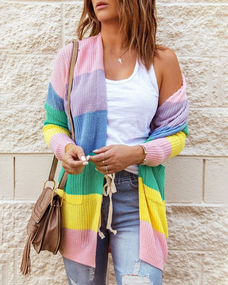 Striped Print Color Block Pocket Design Long Sleeve Cardigan