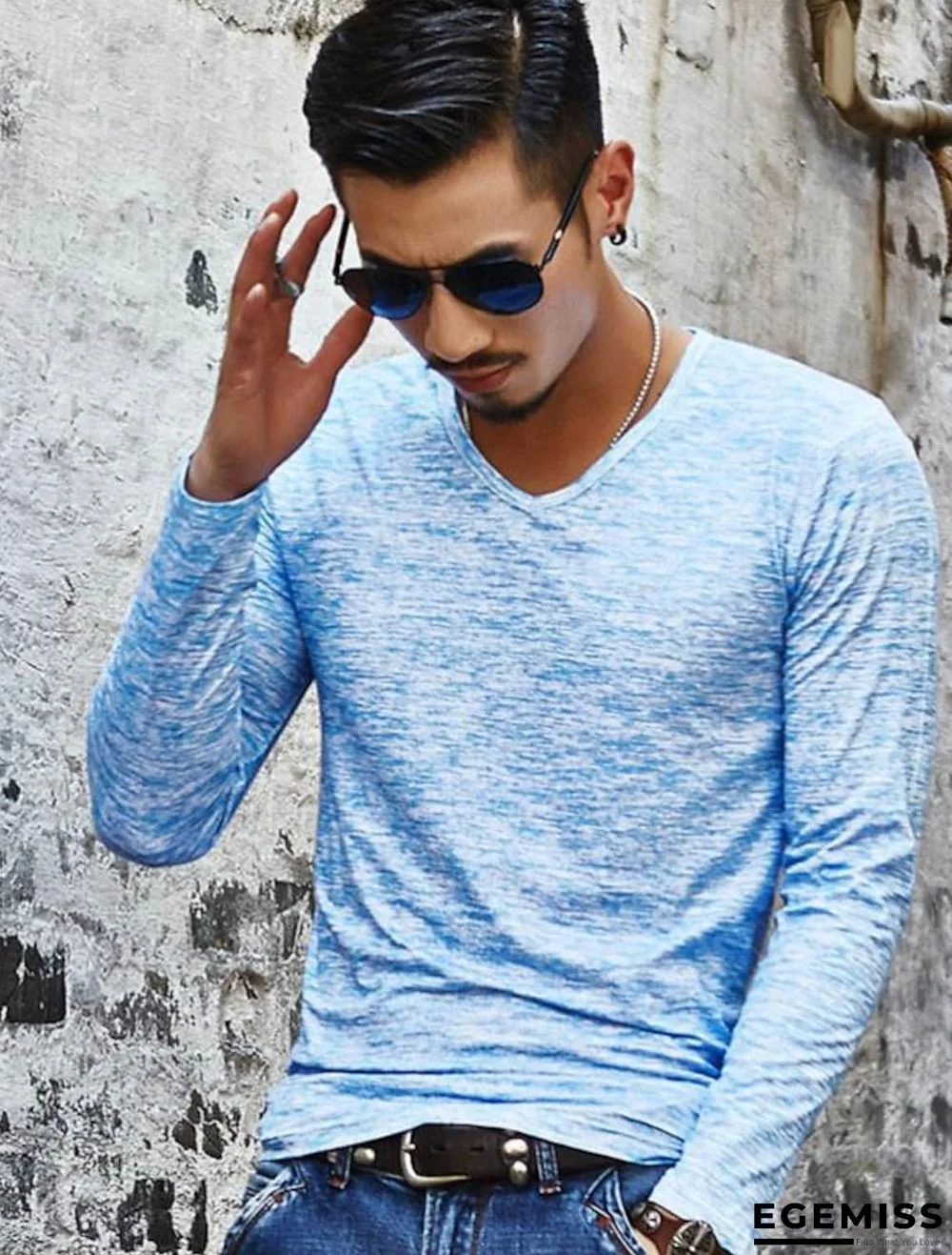 Men's T shirt Shirt Graphic Solid Colored Print Long Sleeve Daily Slim Tops Basic V Neck Blue Fuchsia Black / Fall / Spring | EGEMISS