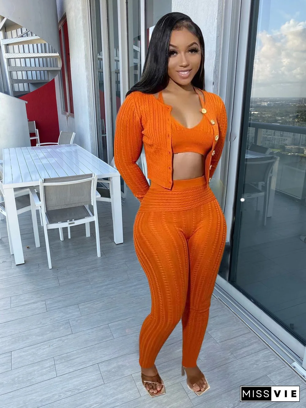 Solid Color Hand Knit Sweater Cardigan Three Piece Set