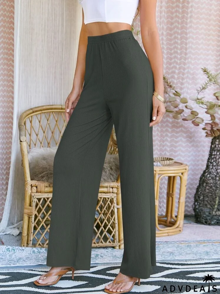 Elastic Waist Rib-knit Wide Leg Pants