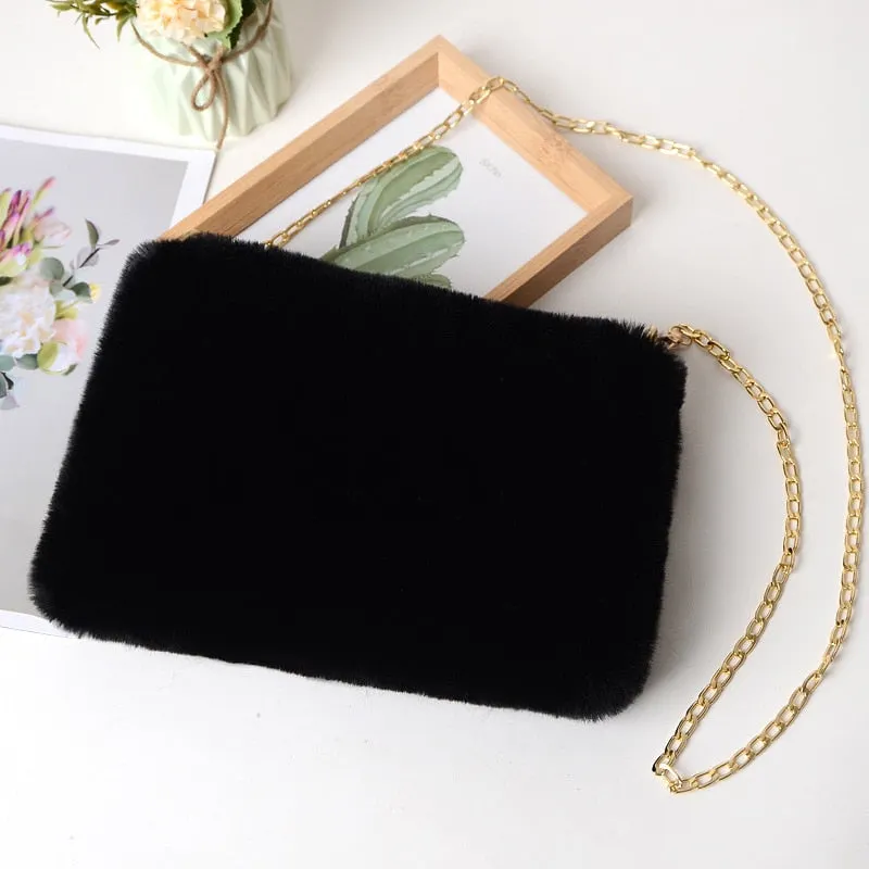 2021 Faux Fur Winter Women Shoulder Crossbody Bag Fashion Square Shaped Bag Female Chain Winter Warm Messenger Bag Plush Handbag