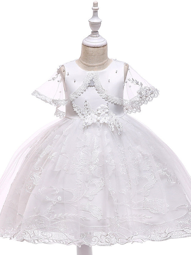 Oknass Sleeveless Jewel Neck Flower Girl Dresses Lace Tulle  Mikado With Pearls  Appliques Bandage