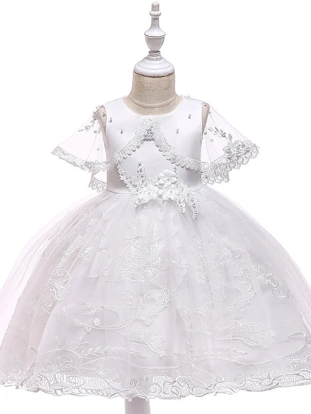 Hellodresses Sleeveless Jewel Neck Flower Girl Dresses Lace Tulle  Mikado With Pearls  Appliques Bandage