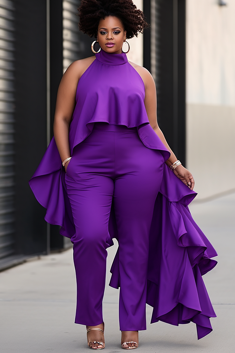 Xpluswear Design Plus Size Semi Formal Elegant Purple Mock Neck Ruffle Pocket Two Piece Pant Sets