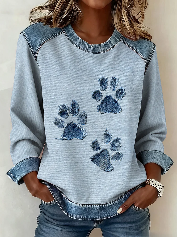 Women's Dog Paw Denim Crewneck Sweatshirt