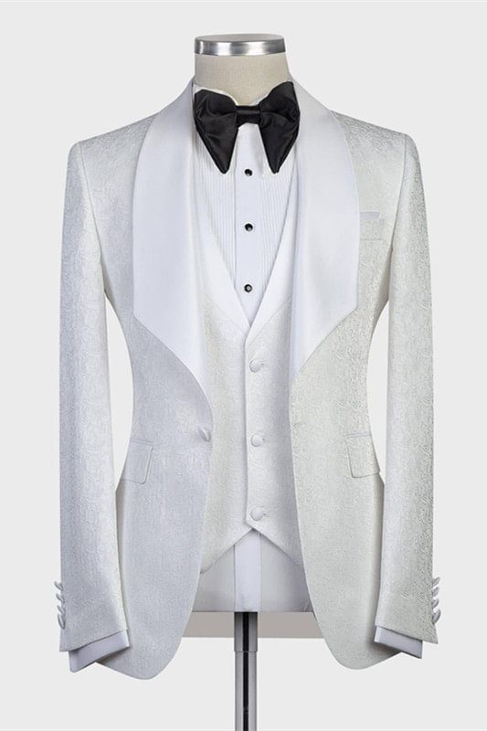 Three-Pieces White Jacquard Romantic Shawl Lapel Wedding Tuxedo | Ballbellas Ballbellas