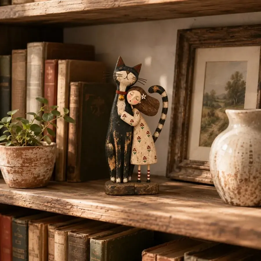 Girl and cat folk art figurine on a vintage bookshelf