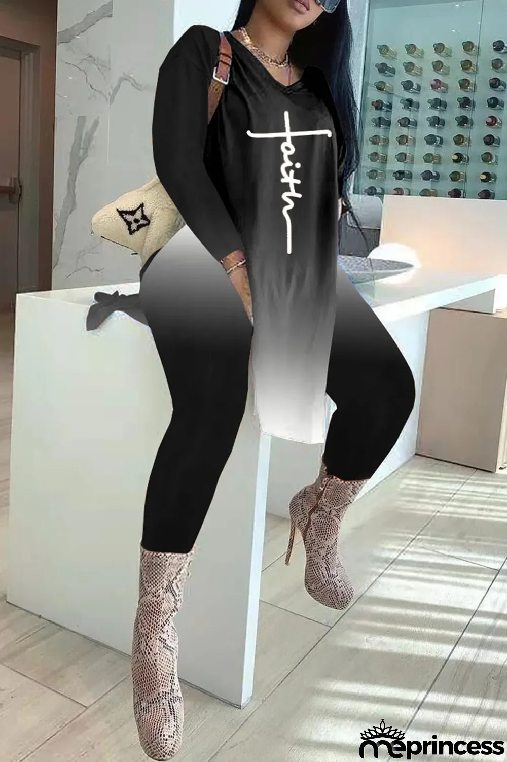 Red Fashion Casual Gradual Change Print Patchwork Slit V Neck Long Sleeve Two Pieces