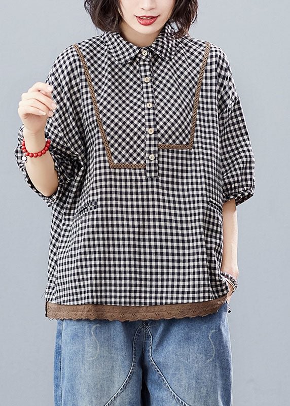 Black Plaid Lace Patchwork Shirt Tops Half Sleeve CK291- Fabulory