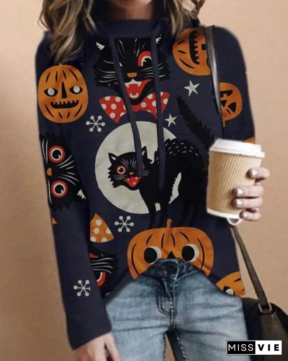 Women Print Casual Long Sleeve Loose Halloween Hoodies