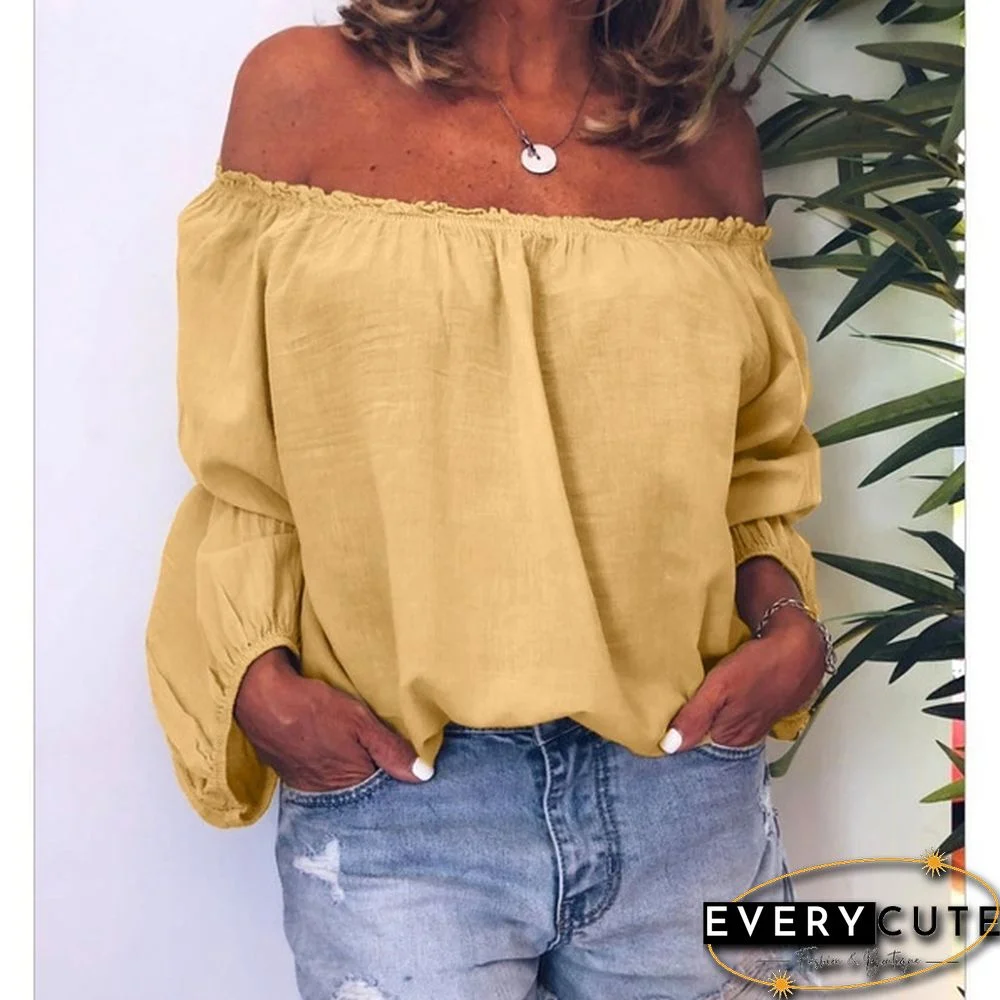 XS-8XL Spring Summer Tops Plus Size Fashion Clothes Women's Casual Long Sleeve Pleated Shirts Loose T-shirts Chiffon Blouses Ladies Elastic Neck Off the Shoulder Tops Solid Color Linen Blouses