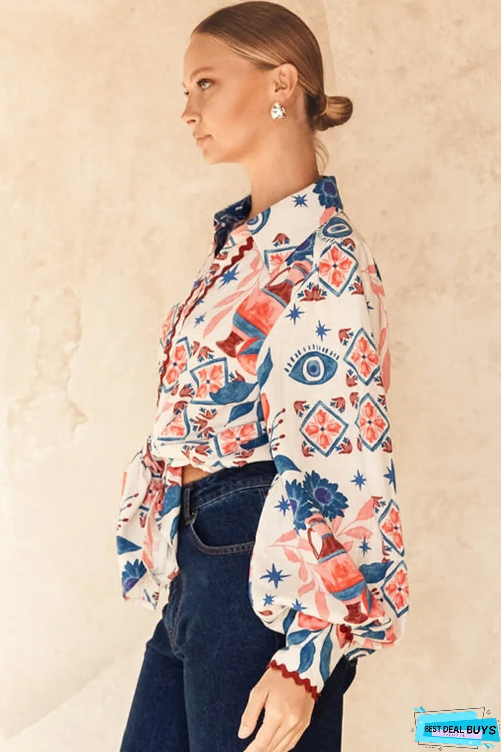 Multicolour Western Printed Ric Rac Bishop Sleeve Button Up Shirt