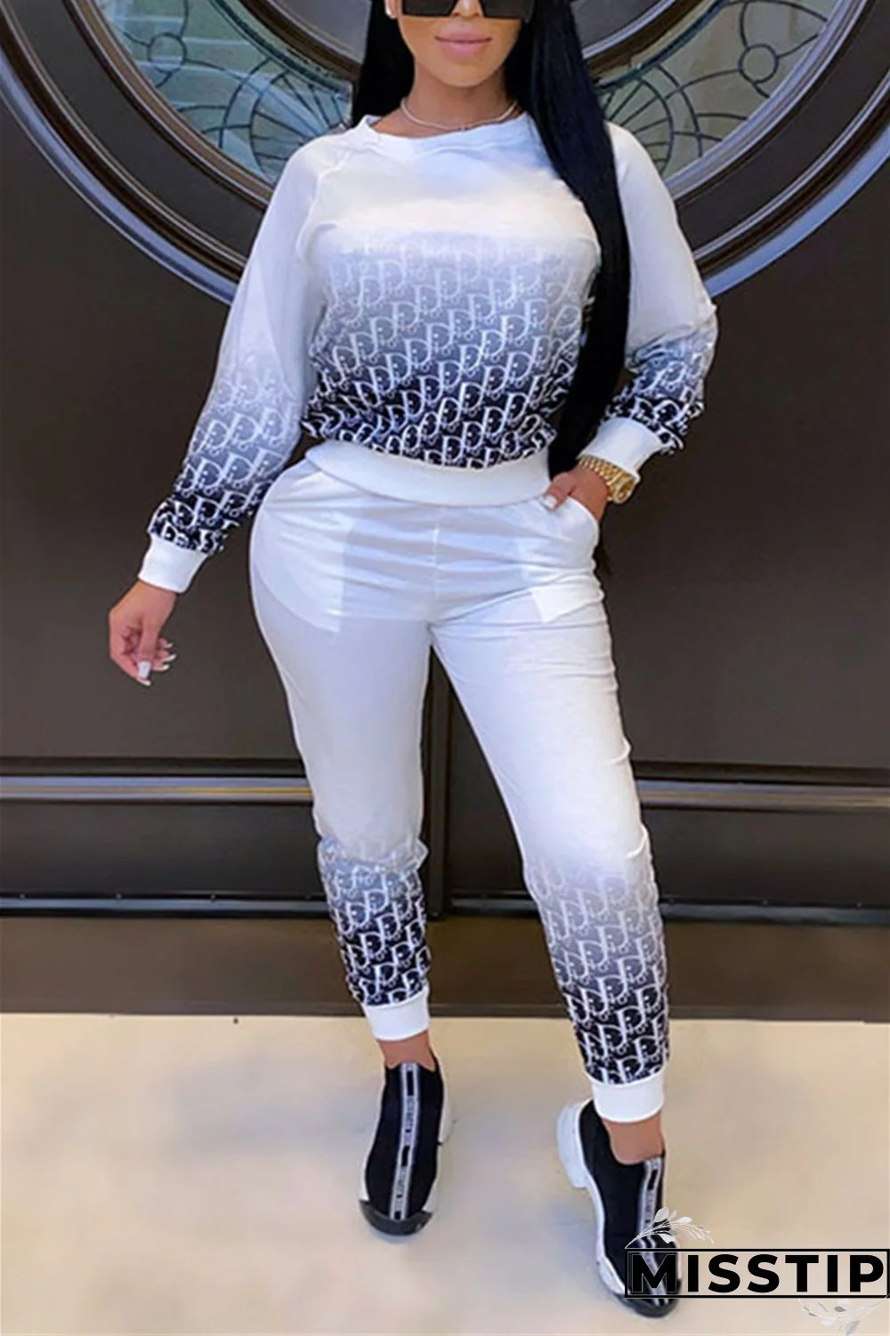 White Fashion Casual Long Sleeve O Neck Regular Sleeve Regular Print Two Pieces