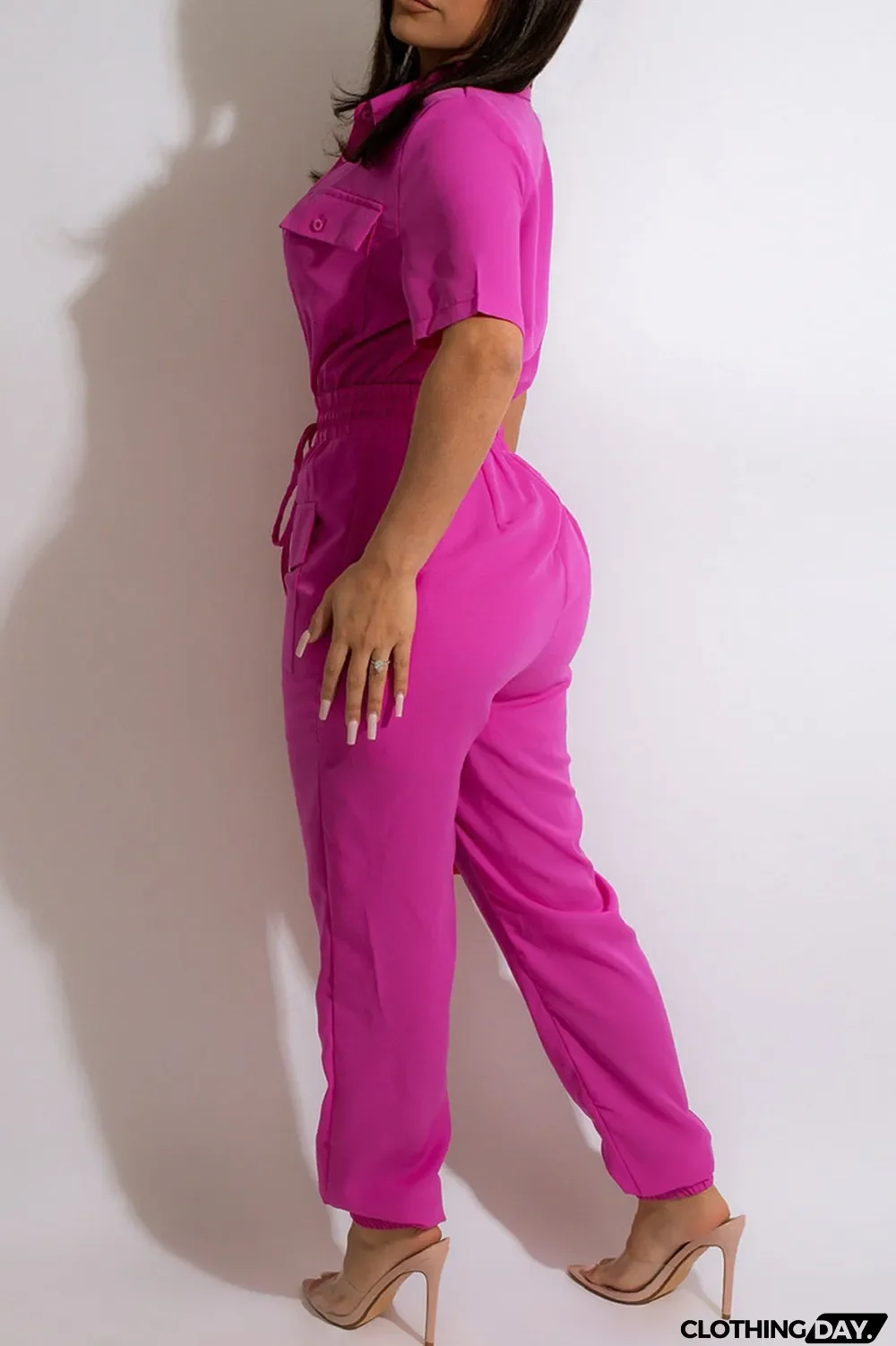 Green Casual Solid Split Joint Buckle Turndown Collar Regular Jumpsuits