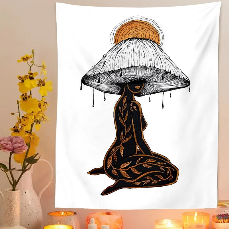 Mushroom queen Tapestry Wall Hanging crystals botanical fungi art black White witchy Living Room Psychedelic Wall Art Decor