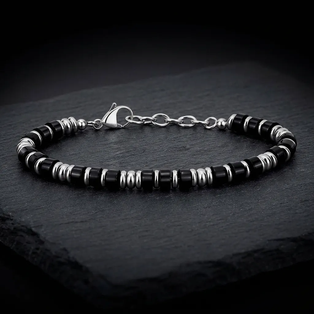 JiStones Luxe Natural Heishi Stone Link Bracelet | 18K Gold PVD Midnight Obsidian