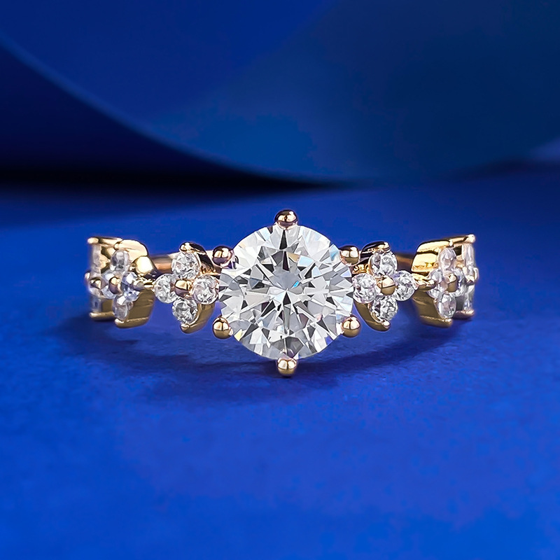 MIKAMU S925 Silver 1-Carat Champagne Diamond Ring - Floral Halo Setting for Fashionable Elegance