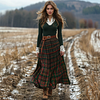 Women's Retro Plaid V-neck Long-sleeved Long Skirt Pastoral Style Dress by Inlyline