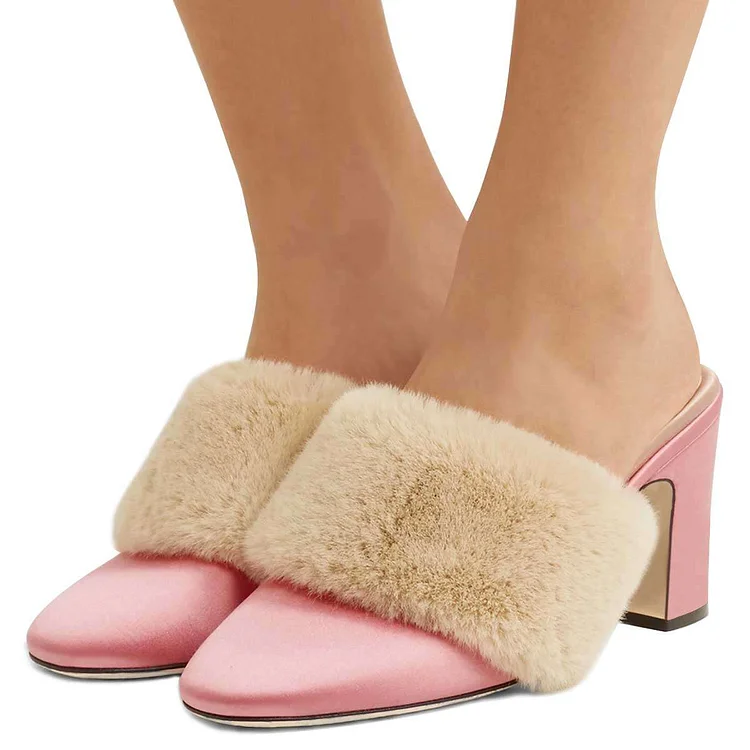Baby Pink Fur Heels Round Toe Chunky Heel Trending Mules US Size 3-15 |FSJ Shoes