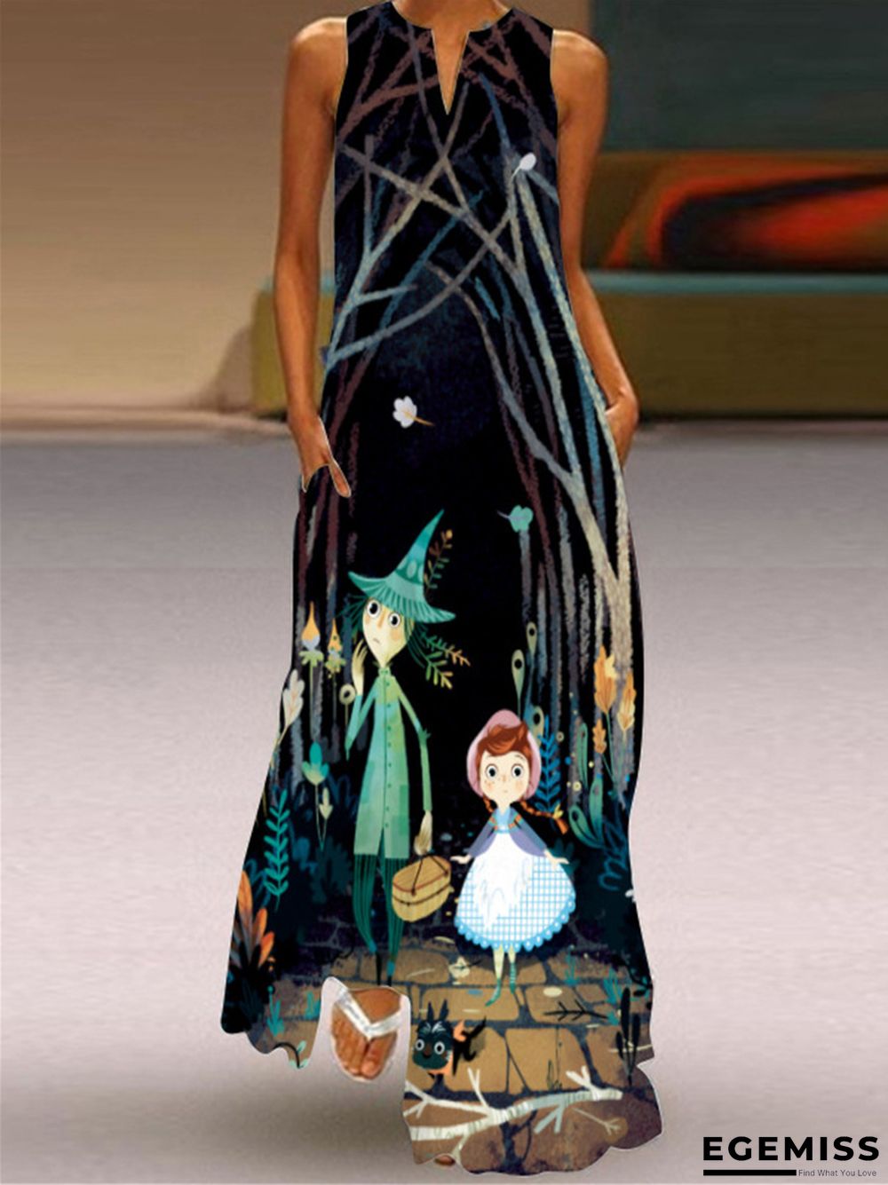 Digital Printed V-neck Sleeveless Dress Pocket | EGEMISS