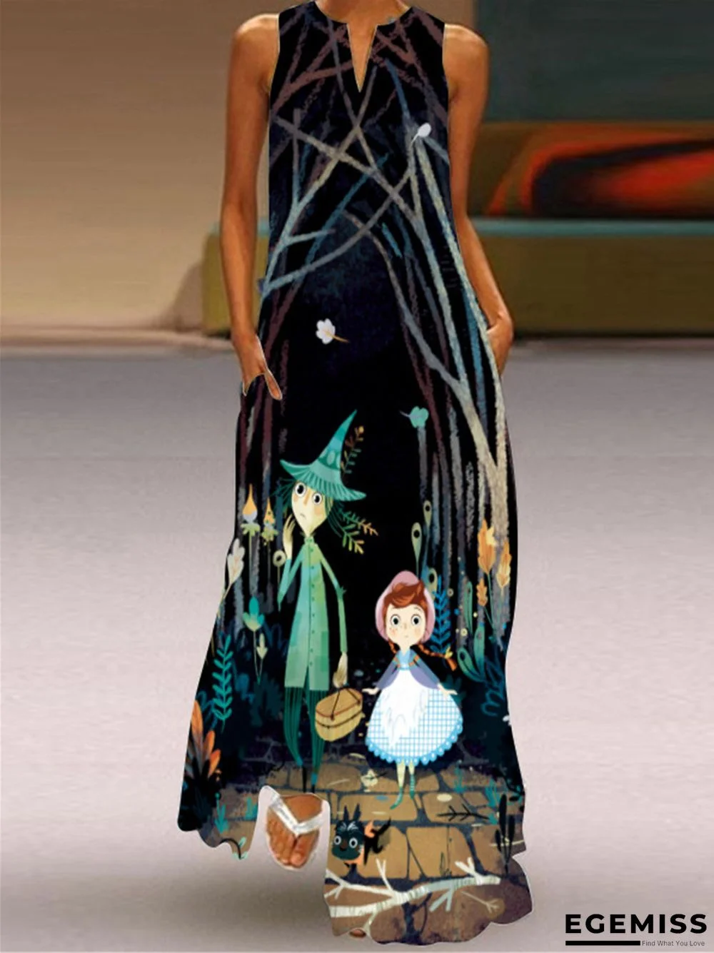 Digital Printed V-neck Sleeveless Dress Pocket | EGEMISS