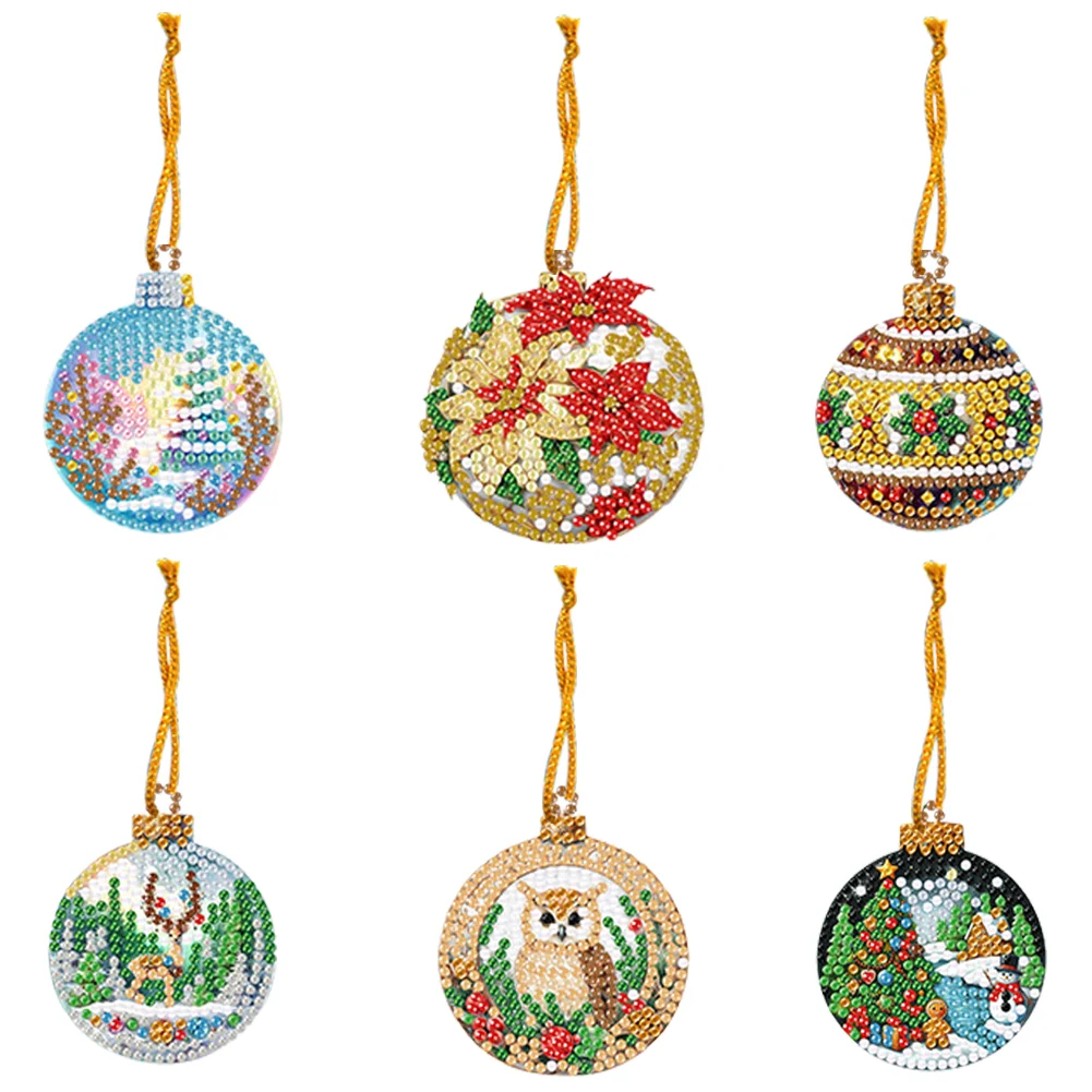 6pcs Xmas Balls 2D Flat DIY Diamond Painting Art Pendant Wall Door Decoration