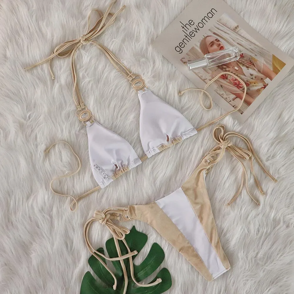 Uveng Uveng Sexy New Crystal Diamond Bikini Solid Color Patchwork Belt Swimsuit Vacation Split Women's Swimsuit