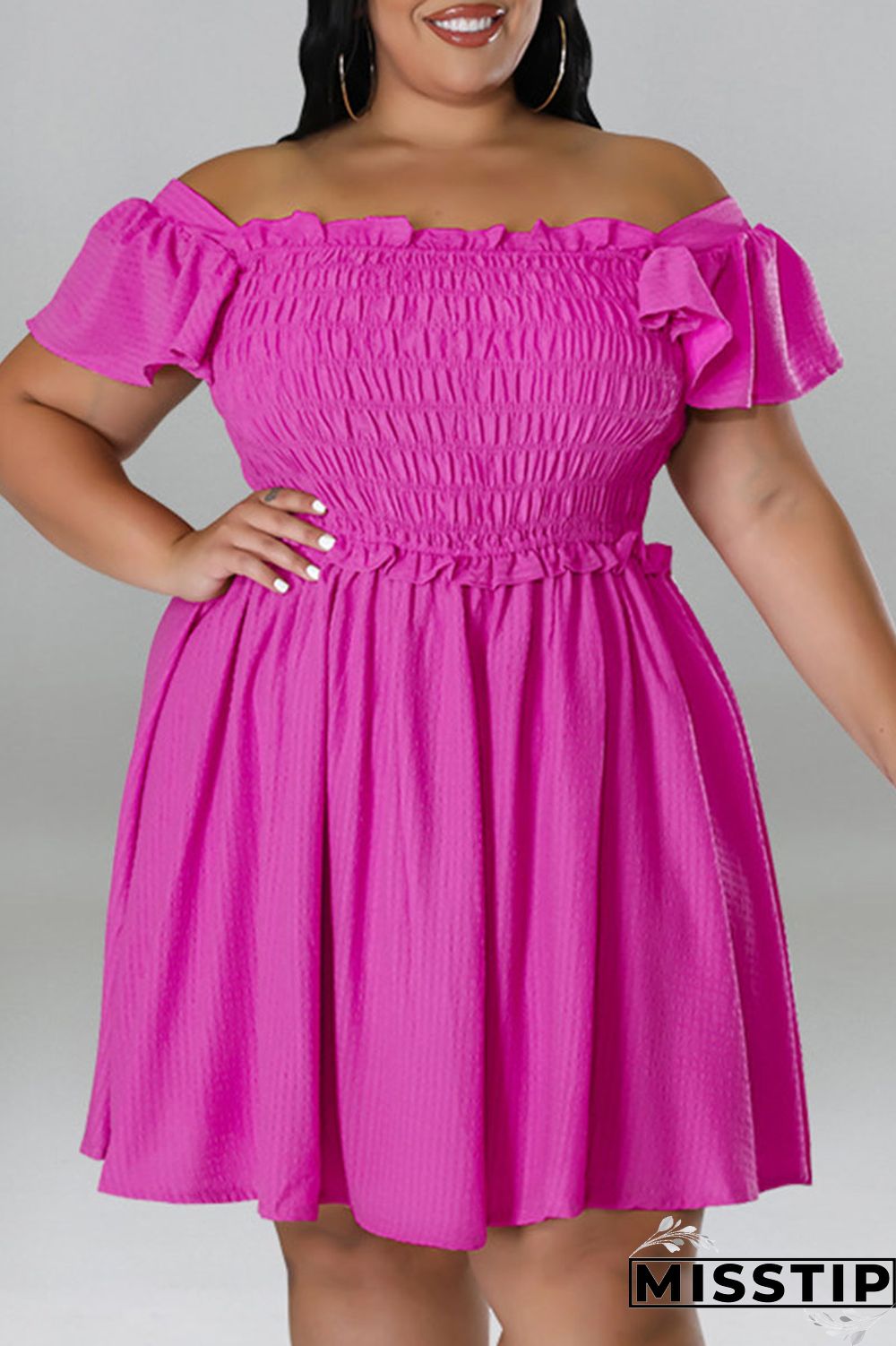 Rose Red Casual Sweet Solid Patchwork Fold Off the Shoulder A Line Plus Size Dresses