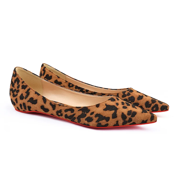 Women's Red Bottom Leopard Suede Flat Shoes Pointed Toe Shoes Daily Pumps VOCOSI VOCOSI