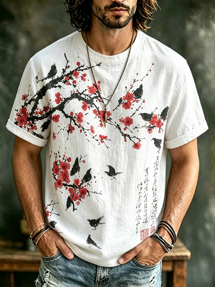 Men's Vintage Japanese Floral Bird Art Print Casual T Shirt