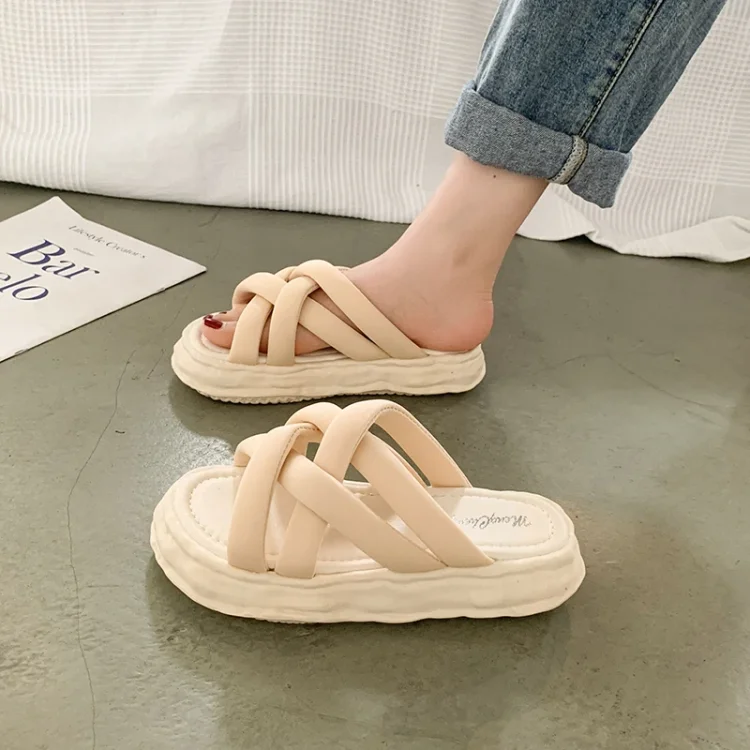 Sinksredesign Summer New Fashion Casual Solid Color Thin Strap Cloth Platform Sandals Round Toe Flat Heel Open Toe Women's Slippers NO:Q99