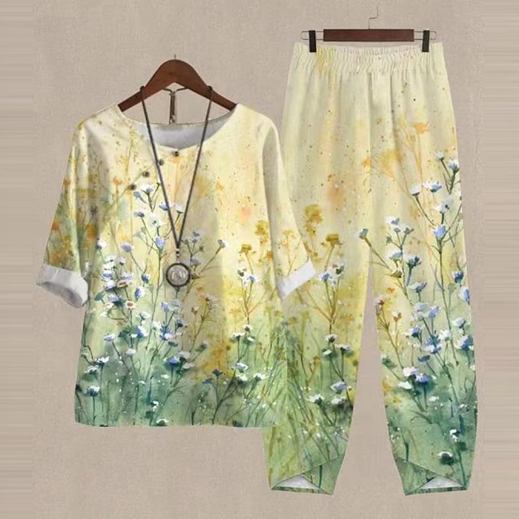 Comstylish Casual Oil Painting Printing Tops Pants Two Piece Set
