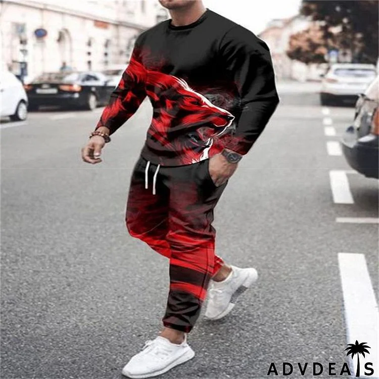 Men Plus Size Casual Long Sleeve Round Neck Graphic Printed Loose T-shirt And Drawstring Waist Jogger Pants Two-piece Set