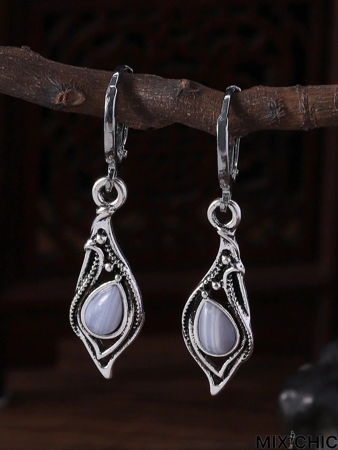 Bohemia Vintage Silver Marbled Crystal Earrings Ethnic Jewelry