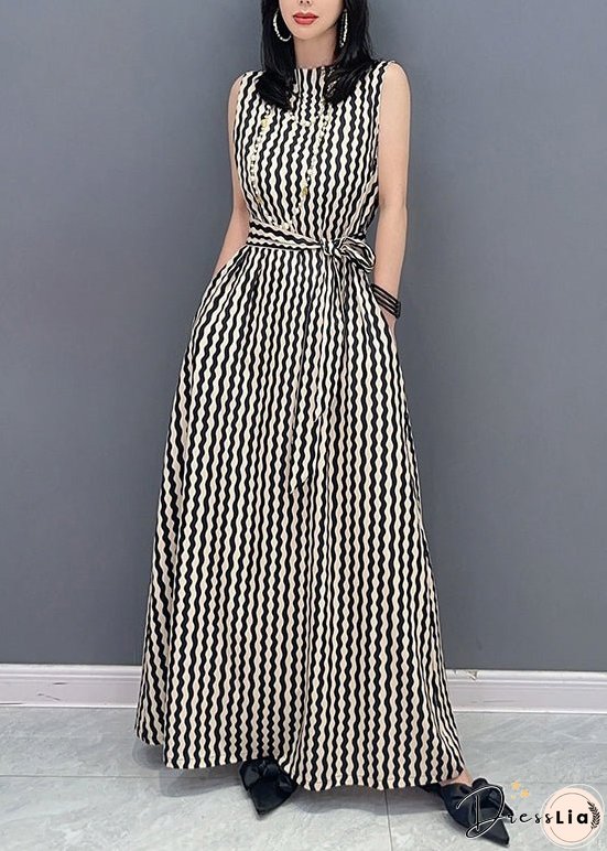 Slim Fit Stand Collar Striped Tie Waist Maxi Dress Summer