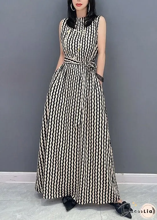 Slim Fit Stand Collar Striped Tie Waist Maxi Dress Summer