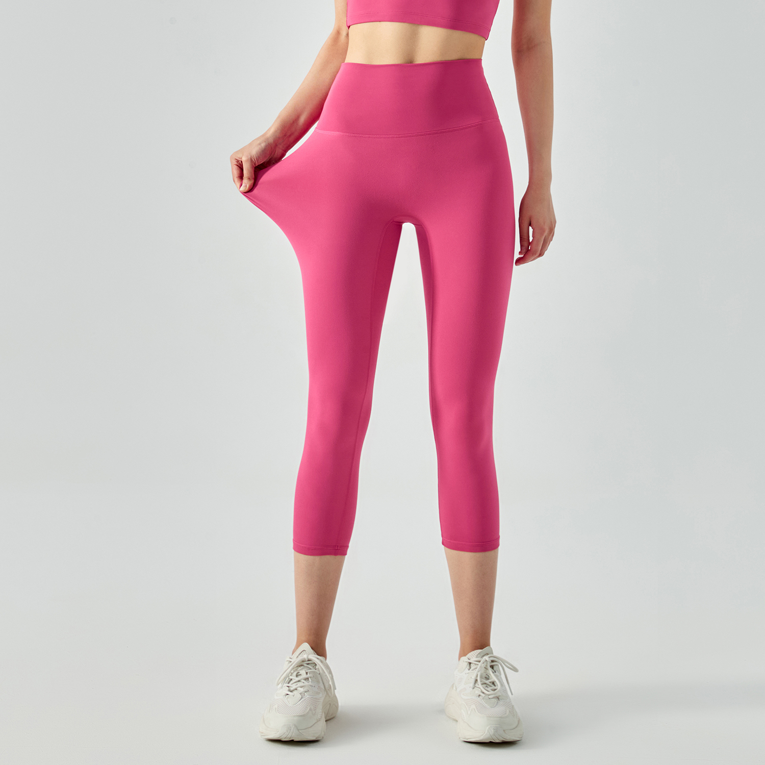 Hergymclothing Pink Lychee no camel toe high waist buttery soft brushed stretchy yoga capri leggings for sale