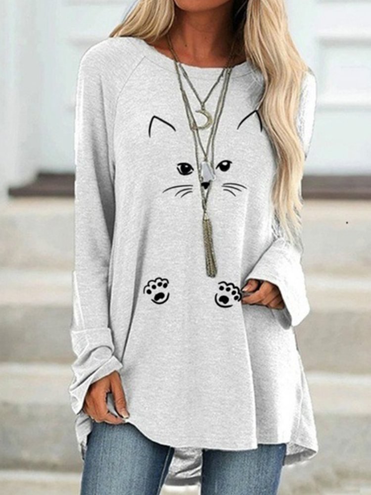 Vefave Lovely Cat Face Printed Long-Sleeve Tee Dress